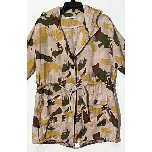 BACI 100% Linen Beige Printed Roll Tab Sleeve Boho Hooded Jacket - ITALY - Picture 4 of 9